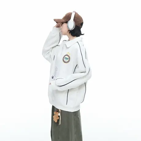美式高街翻领印花卫衣外套女春秋新款宽松休闲运动风套头情侣上衣图片