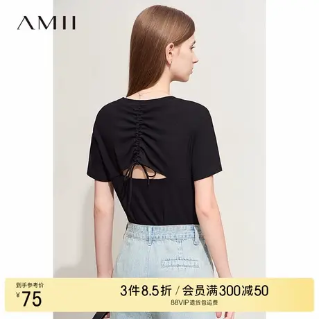 Amii2025夏新款极简新款纯色圆领短袖后抽绳镂空弹力罗纹T恤女商品大图