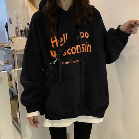 加绒加厚卫衣女秋冬宽松潮韩版学生闺蜜装日系古着戴帽子上衣外套图片
