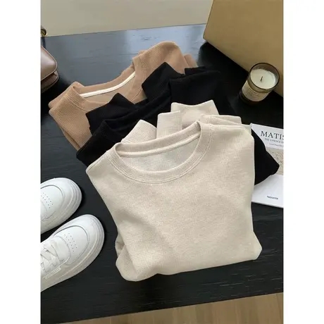 华夫格纯色简约圆领卫衣女春秋季韩版洋气时髦宽松显瘦无帽上衣服商品大图
