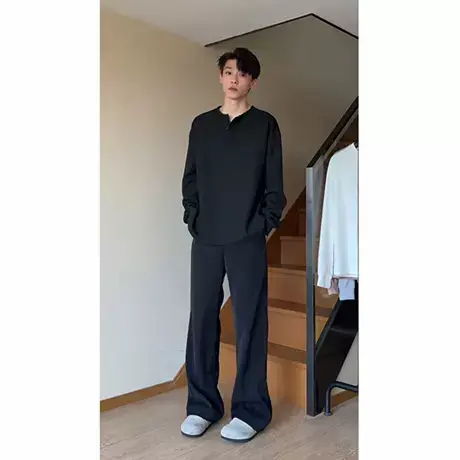 黑色亨利领华夫格长袖t恤男春秋季重磅cleanfit卫衣内搭打底上衣商品大图