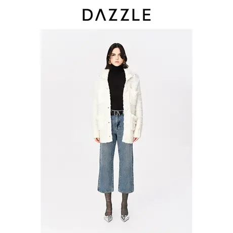 DAZZLE地素奥莱23春新款法式白色粗线针织中长款毛衣开衫外套图片