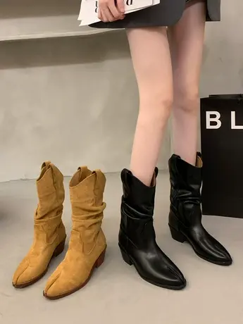 复古磨砂分趾西部牛仔靴2023秋季新款粗跟中筒靴女中跟褶皱堆堆靴图片