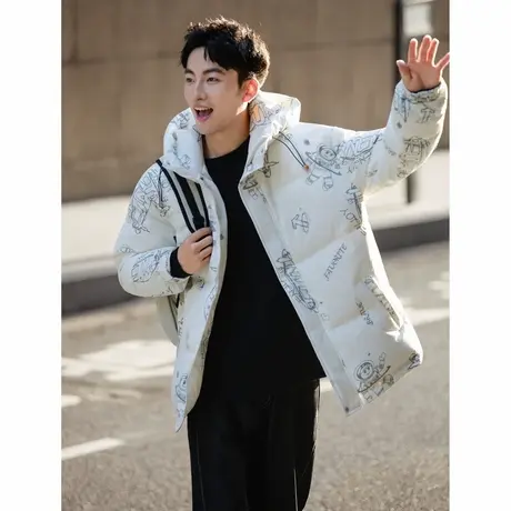 唐狮冬季男短款羽绒服连帽满印卡通风涂鸦超酷百搭时尚保暖TUTA商品大图