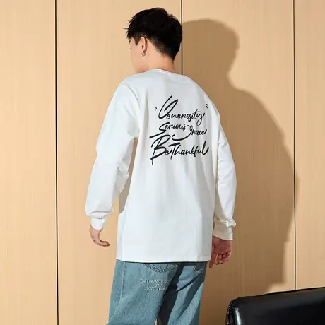 唐狮蛇年新款长袖T恤男圆领宽松休闲上衣纯棉白色内搭打底衫t潮TE商品大图