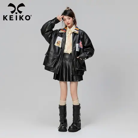 KEIKO 甜酷黑色皮衣外套女绗缝夹棉23秋冬柔韧pu皮宽松机车皮夹克商品大图