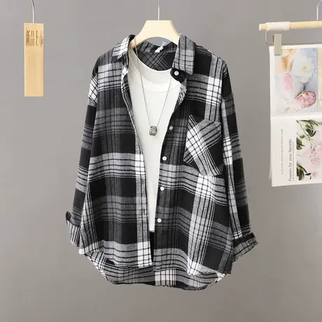 2023新款美式复古格子衬衫外套女休闲宽松大码春秋慵懒风衬衣开衫图片