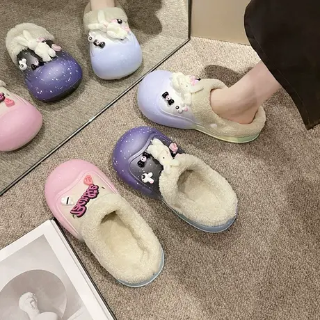 网红包头毛毛半拖鞋女秋冬外穿2023爆款百搭厚底保暖室内家居棉拖图片