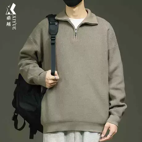 希越半拉链毛衣男冬季新款宽松大码棕绿色套头针织衫基础百搭上衣商品大图