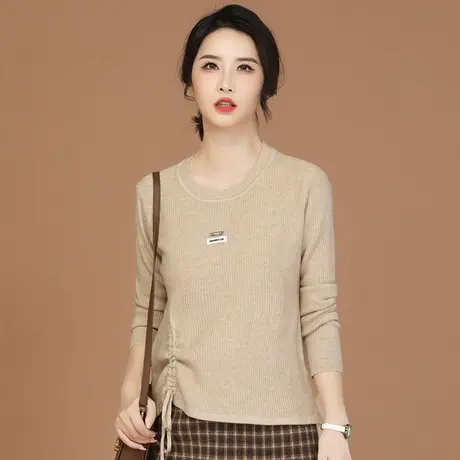 新品8.5折】设计感绑带圆领套头长袖毛衣女士外穿针织衫商品大图