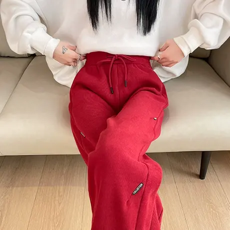 酒红色休闲裤女2023年秋冬新款高腰窄版显瘦加绒加厚束脚哈伦裤子商品大图