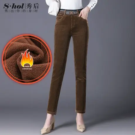 秀后灯芯绒直筒裤女高腰弹力裤子秋冬大码妈妈加绒加厚休闲长裤子商品大图