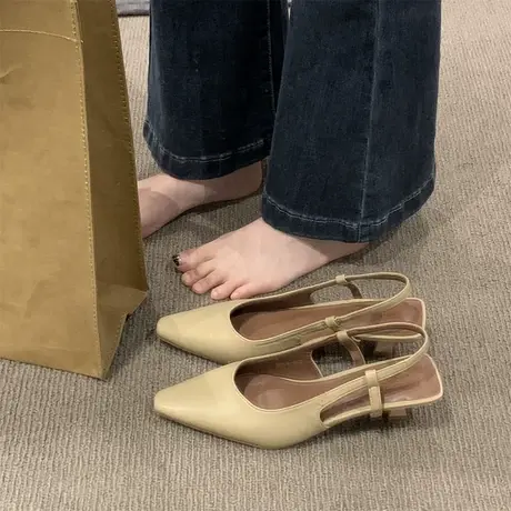 真皮高级感高跟凉鞋女2023年夏季新款尖头浅口一脚蹬外穿气质单鞋商品大图