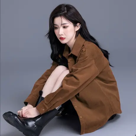 咖色灯芯绒长袖衬衫女2023新款秋冬美拉德穿搭外套高级感条绒上衣商品大图