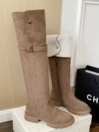 羊羔毛长筒靴女冬加绒保暖棕色平底过膝高筒骑士靴厚底显瘦雪地靴商品大图