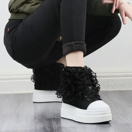 10CM内增高帆布鞋2023新款蕾丝花网旅游鞋坡跟单鞋厚底黑色休闲鞋商品大图