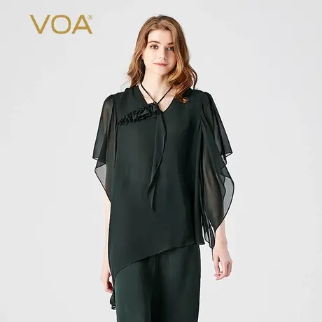 VOA桑蚕丝乔其纱V领中袖木耳边飘带装饰不对称直筒双层真丝T恤图片