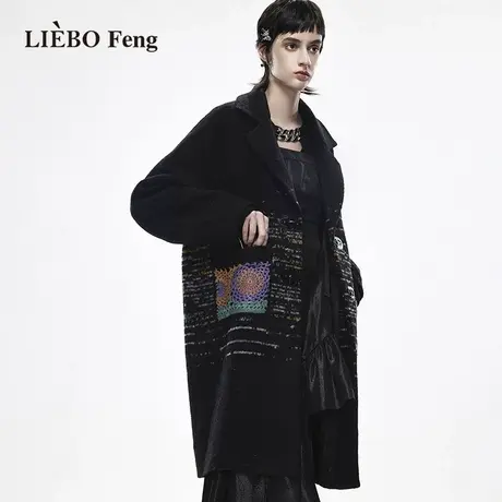 裂帛LIEBOFeng小众设计感高街时髦钩织口袋长款气质黑色毛呢外套商品大图