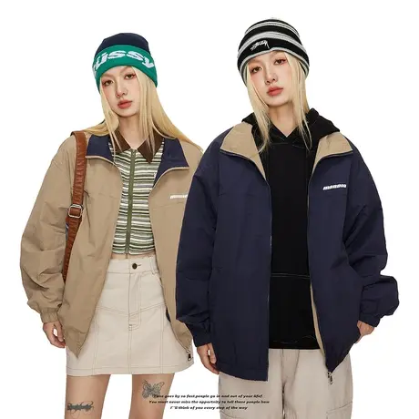 潮牌纯色春秋外套女2023新款爆款复古风立领夹克宽松oversize上衣商品大图