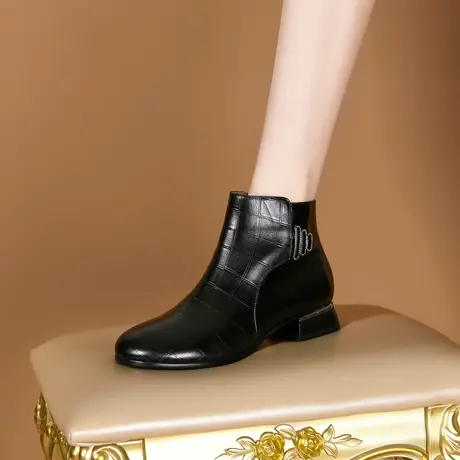 粗跟小短靴2023秋新款女式小踝靴百搭圆头低跟大码法式复古真皮靴图片