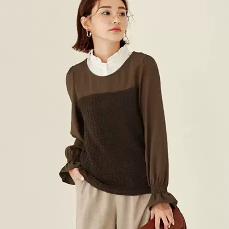 桔熊秋冬季通勤温暖立体针织拼接荷叶长袖微胖上衣女大码AB16533商品大图