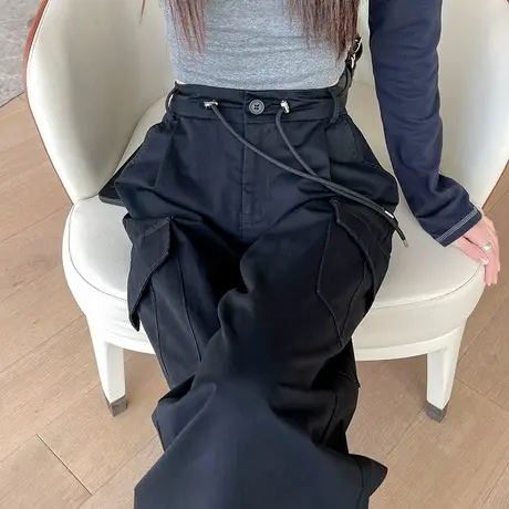 黑色美式工装裤女高腰2025年春秋新款显瘦阔腿直筒休闲束脚运动裤图片