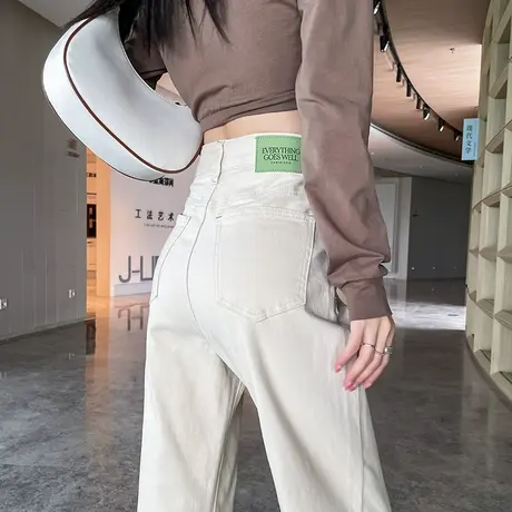 米白色牛仔裤女直筒宽松2024春秋季高腰九分显瘦卷边哈伦老爹裤子商品大图