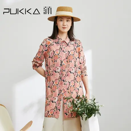 蒲PUKKA 原创设计2023夏季桑蚕丝印花宽松休闲A型中长款衬衫图片