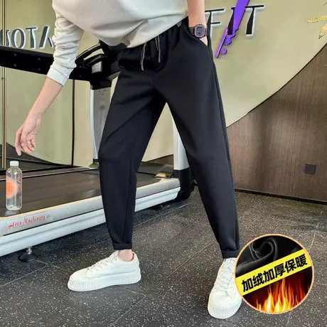 秋冬款男裤潮牌宽松束脚保暖加厚休闲裤2023纯色哈伦小脚加绒卫裤商品大图