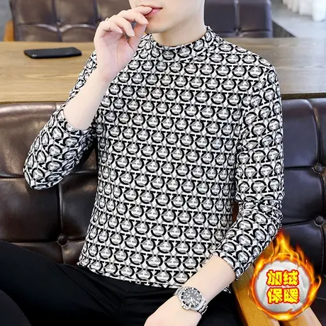 冬季加绒长袖T恤男士韩版加厚保暖打底衫上衣半高领潮流内搭卫衣图片