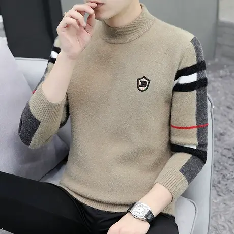 水貂绒毛衣男士半高领秋冬季新款格子针织打底衫加厚毛绒衫男保暖商品大图