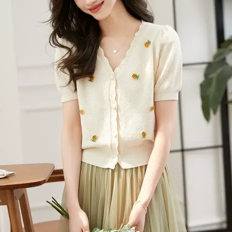 时尚气质菠萝短袖针织衫2023年夏季新款淑女温柔显瘦通勤百搭上衣商品大图