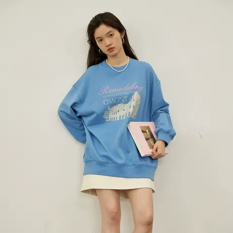 omont蛋挞家 复古圆领印花卫衣女秋2023新款宽松休闲套头长袖上衣商品大图