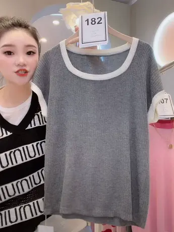 撞色高级感灰色针织衫女夏2023新款气质简约冰丝短袖方领百搭上衣商品大图