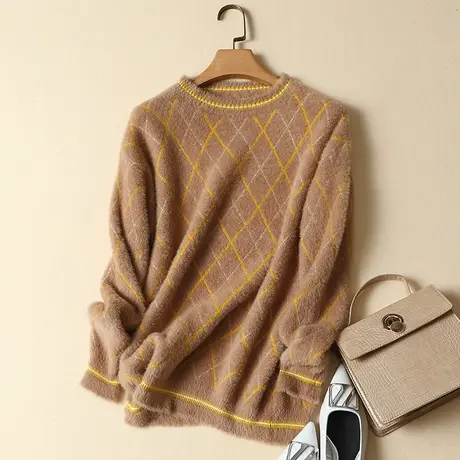 清仓！2023秋冬装新款韩版宽松圆领长袖套头毛衣女仿水貂毛针织衫商品大图