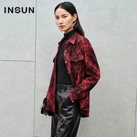 INSUN恩裳线上专选冬季格子呢金属扣羊毛衬衫图片
