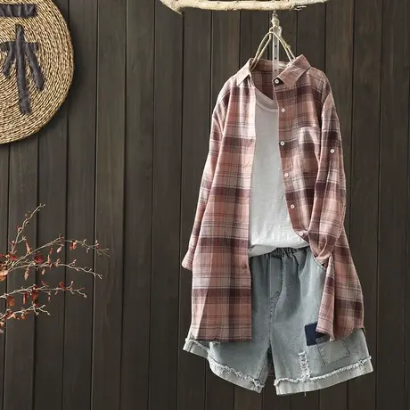 枫谜2020年秋装新款文艺简约格子长袖衬衫女宽松休闲百搭衬衣上衣图片