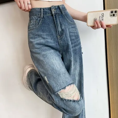 破洞阔腿牛仔裤女2024年春秋新款高腰窄版宽松显瘦ins复古直筒裤商品大图