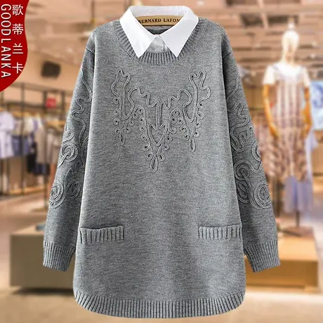 加肥加大码中年妈妈秋冬装宽松中长款洋气外穿假两件套头毛衣外套商品大图