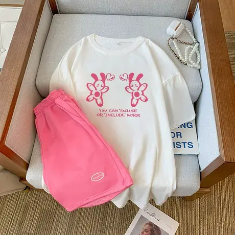 纯棉港风运动服套装女夏季宽松短袖短裤小个子时尚洋气休闲两件套商品大图