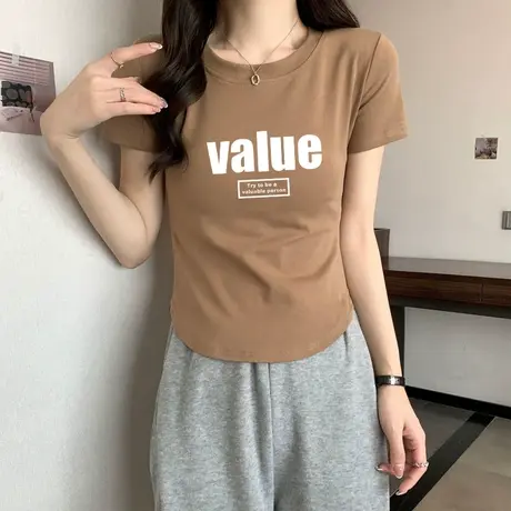 正肩圆领弧形不规则短袖t恤女夏2023新款辣妹收腰短款纯欲上衣ins图片