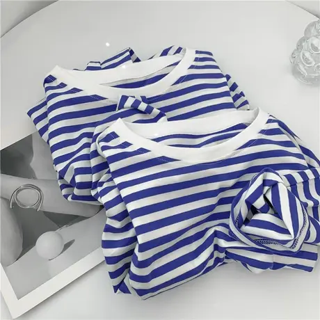 蓝白条纹元圆领T恤打底衫女海军蓝条纹衫宽松内搭外穿打底衫T恤商品大图