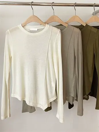 韩国东大门2023秋季新款纯色百搭圆领不规则设计感长袖t恤上衣女商品大图