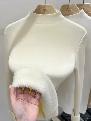 一体绒加绒加厚半高领打底衫女秋冬杏色温柔内搭修身上衣打底毛衣商品大图