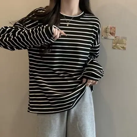 复古chic港味长袖T恤女2024春秋德绒宽松显瘦百搭条纹上衣打底衫商品大图