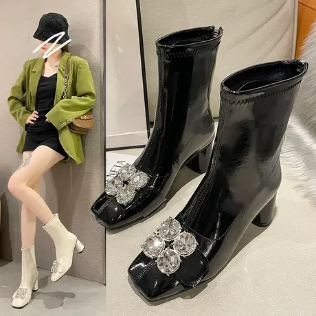 高级感水钻马丁靴子女款2023年秋季新款爆款切尔西靴粗跟小短靴女图片