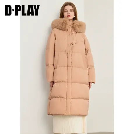 DPLAY冬新橘调国风盘扣中长款连帽狐狸毛领保暖加厚羽绒服商品大图