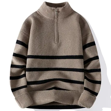 秋冬季加厚拉链毛衣男士休闲半高领外穿半高领港风慵懒条纹针织衫商品大图