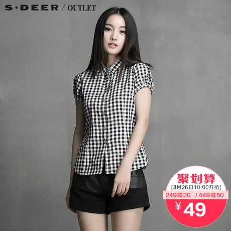 s.deer【上新】圣迪奥女装黑白格纹泡泡肩衬衫S15680445图片