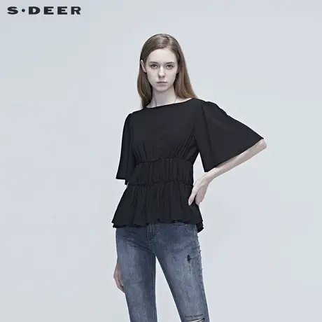 sdeer圣迪奥女装夏装休闲圆领收腰褶皱短袖宽松高腰衬衫S20260409图片